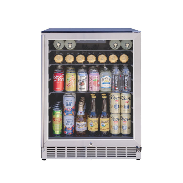 Stono Outdoor Living The TrueFlame 24" 5.1 Cu. Ft. Outdoor Rated Refrigerator (AMD-RFR-24G) features a sleek stainless steel build and glass door, showcasing neatly arranged cans of soda and bottled beer on its shelves.