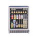 Stono Outdoor Living The TrueFlame 24" 5.1 Cu. Ft. Outdoor Rated Refrigerator (AMD-RFR-24G) features a sleek stainless steel build and glass door, showcasing neatly arranged cans of soda and bottled beer on its shelves.