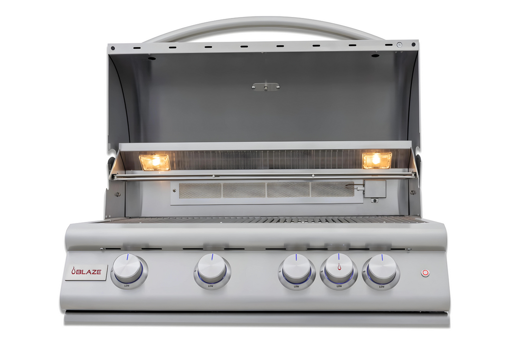 Stono Outdoor Living The Blaze Premium LTE+ Marine Grade 32" 4-Burner Propane Grill (BLZ-4LTE3MG-LP) by Blaze features stainless steel construction, four control knobs, a rear infrared burner, and built-in grill lights to illuminate the cooking area.