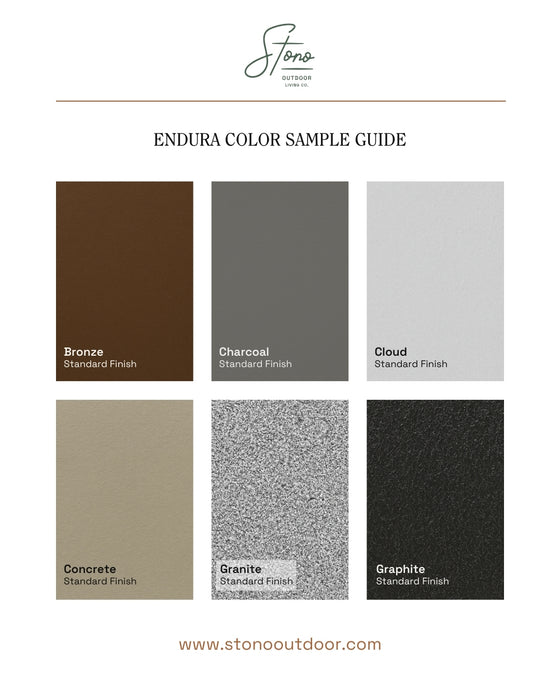Stono Outdoor Living The Stono Outdoor Living Color and Material Sample Kit features six premium powder-coated aluminum finishes—Bronze, Charcoal, Cloud, Concrete, Granite, and Graphite. View standard options; explore more finishes at stonooutdoor.com.