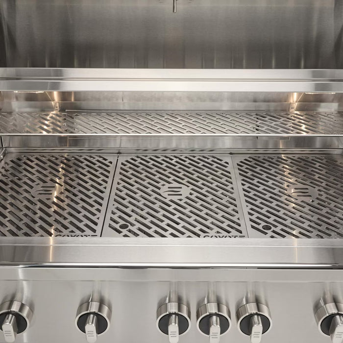 Stono Outdoor Living A close-up of the Coyote 42" SL-Series Grill (C3SL42NG) in natural gas features five control knobs, LED lights, ceramic components, and a clean grilling surface—showcasing its sleek, modern stainless steel design for outdoor kitchens.