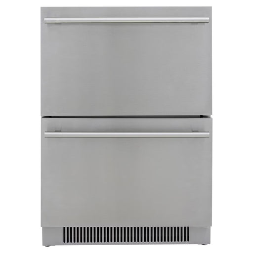 Stono Outdoor Living The Blaze 23.5-Inch 5.1 Cu. Ft. Outdoor Rated Stainless Steel Double Drawer Refrigerator (BLZ-SSRF-DBDR5.1) features horizontal handles and a bottom vent, ideal for outdoor kitchens, and is shown against a plain white background.