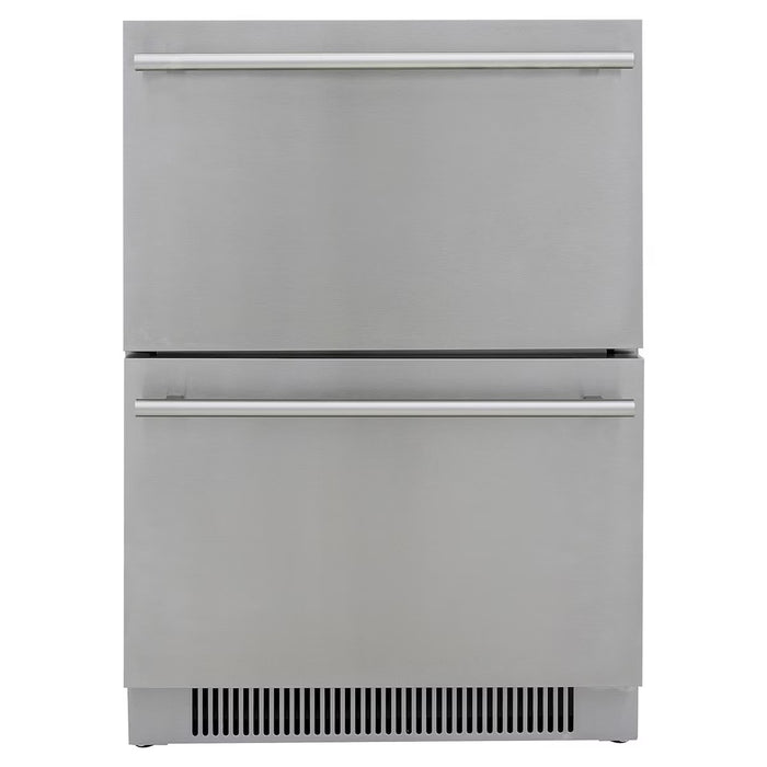 Stono Outdoor Living The Blaze 23.5-Inch 5.1 Cu. Ft. Outdoor Rated Stainless Steel Double Drawer Refrigerator (BLZ-SSRF-DBDR5.1) features horizontal handles and a bottom vent, ideal for outdoor kitchens, and is shown against a plain white background.
