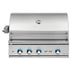 Stono Outdoor Living The Delta Heat 32-Inch 3-Burner Built-In Natural Gas Grill (DHBQ32R-DN) features stainless steel construction, a closed lid, blue-lit knobs, temperature gauge, left igniter button, and an infrared rotisserie burner for versatile cooking.