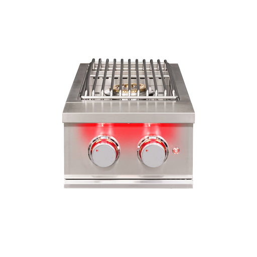 Stono Outdoor Living Front view of the TrueFlame Double Side Burner - TFSB2 by TrueFlame, a stainless steel high BTU outdoor gas side burner with two red-lit control knobs, right-side control button, and a metal grate—ideal for your outdoor kitchen.