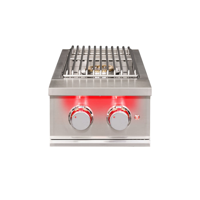 Stono Outdoor Living Front view of the TrueFlame Double Side Burner - TFSB2 by TrueFlame, a stainless steel high BTU outdoor gas side burner with two red-lit control knobs, right-side control button, and a metal grate—ideal for your outdoor kitchen.