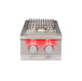 Stono Outdoor Living Front view of the TrueFlame Double Side Burner - TFSB2 by TrueFlame, a stainless steel high BTU outdoor gas side burner with two red-lit control knobs, right-side control button, and a metal grate—ideal for your outdoor kitchen.