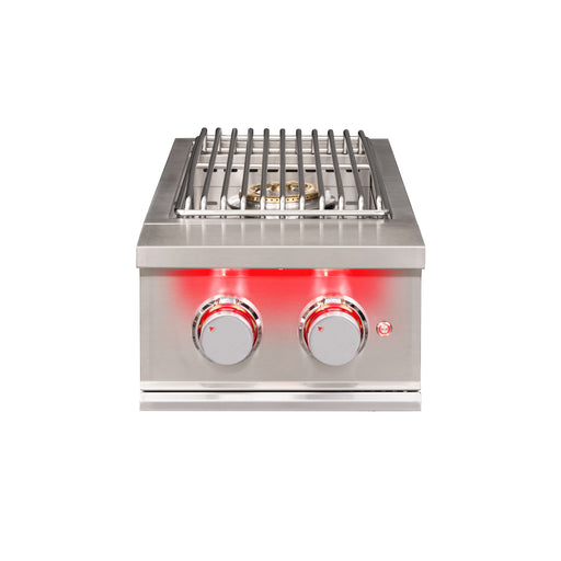 Stono Outdoor Living The TrueFlame Gas Double Side Burner - TFSB2L by TrueFlame features two round, red-glowing control knobs on a stainless steel front—ideal for enhancing any outdoor kitchen setup.