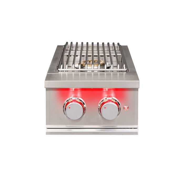 Stono Outdoor Living The TrueFlame Gas Double Side Burner - TFSB2L by TrueFlame features two round, red-glowing control knobs on a stainless steel front—ideal for enhancing any outdoor kitchen setup.