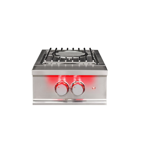 Stono Outdoor Living The TrueFlame Natural Gas Power Burner (TFPB) by TrueFlame features high BTU burners, two red-glow control knobs, and a metal grate—ideal for outdoor kitchens—all set against a white background.