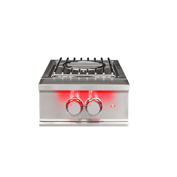 Stono Outdoor Living The TrueFlame Natural Gas Power Burner (TFPB) by TrueFlame features high BTU burners, two red-glow control knobs, and a metal grate—ideal for outdoor kitchens—all set against a white background.
