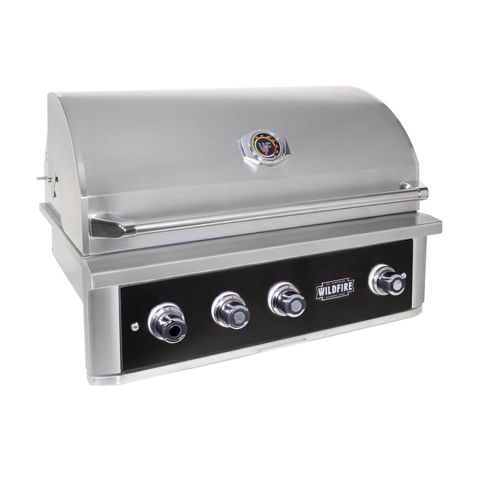 Stono Outdoor Living The Wildfire Ranch Pro 36-in 3 Burner Black 304 SS Natural Gas Grill (WFPRO36G-BSS-NG) by Wildfire Outdoor Living features a closed lid, three stainless steel burners, black front panel with control knobs, temperature gauge, and brand label.