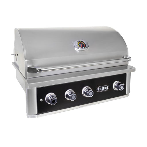Stono Outdoor Living The Wildfire Outdoor Living Ranch Pro 36" Gas Grill (WFPRO36G-BSS-LP) features black stainless steel, four control knobs, a temperature gauge on the lid, and durable cast stainless steel burners for superior outdoor cooking performance.