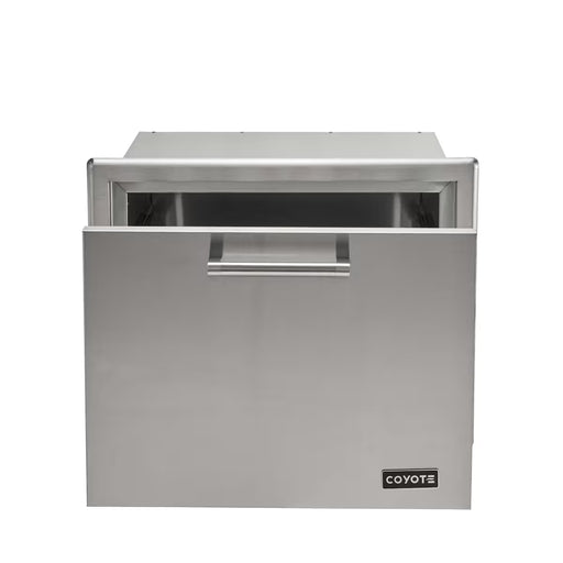 Stono Outdoor Living The Coyote 26" Pull Out Ice Chest (C3-CPOC) features a sleek handle and Coyote brand logo, making it the perfect built-in addition for outdoor kitchens or pairing with your ice storage solutions.