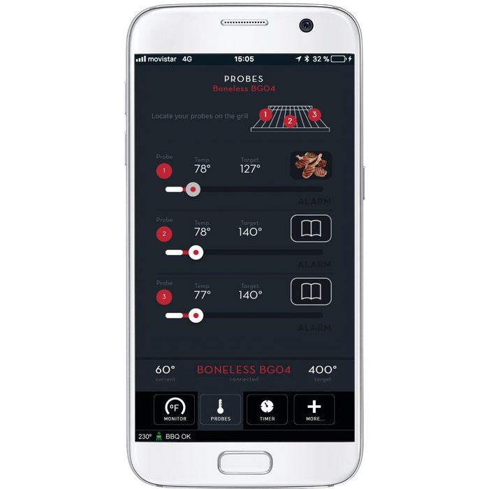 Stono Outdoor Living The Twin Eagles Wi-Fi Controlled 36-Inch Pellet Grill and Smoker displays a temperature monitoring app for three probes, with current and target temps, on a dark interface with red and white text—ideal for grilling precision.