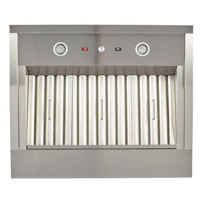 Stono Outdoor Living The Coyote 36" Outdoor Chimney Hood (C1HOOD36) features three baffle filters, two halogen lights, control buttons, a red power indicator, and is shown front-facing on a white background. Ideal for outdoor kitchen ventilation.