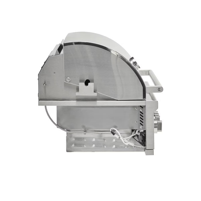 Stono Outdoor Living Side view of the Coyote 36" SL-Series Grill (C3SL36NG) in stainless steel, featuring a closed lid, control knobs, handle, and gas connection—ideal for outdoor kitchens and built-in setups. Shown isolated on a white background.