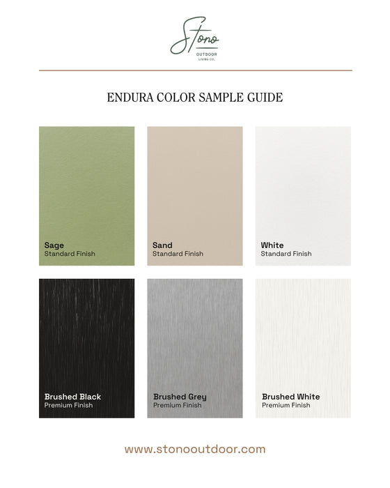 Stono Outdoor Living The Stono Outdoor Living Color and Material Sample Kit includes six rectangular powder-coated aluminum samples—Sage, Sand, White (Standard Finish), Brushed Black, Brushed Grey, and Brushed White (Premium Hand-Applied Finish)—on a white background.