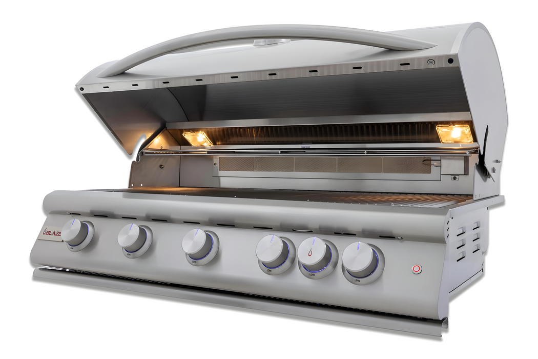 Stono Outdoor Living The Blaze Premium LTE+ 40" 5-Burner Propane Grill (BLZ-5LTE3-LP) by Blaze features stainless steel burners, five control knobs, rear infrared burner, grill lights, and an open lid—combining quality craftsmanship with a lifetime warranty.