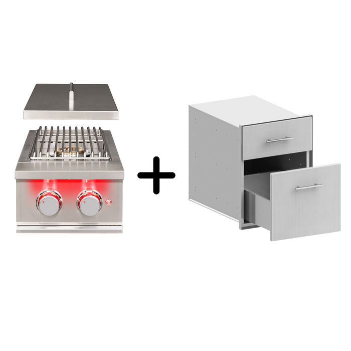 Stono Outdoor Living The TrueFlame Double Side Burner + Storage Component features power burners, red-lit knobs, and a two-drawer stainless steel cabinet—ideal for any outdoor kitchen.