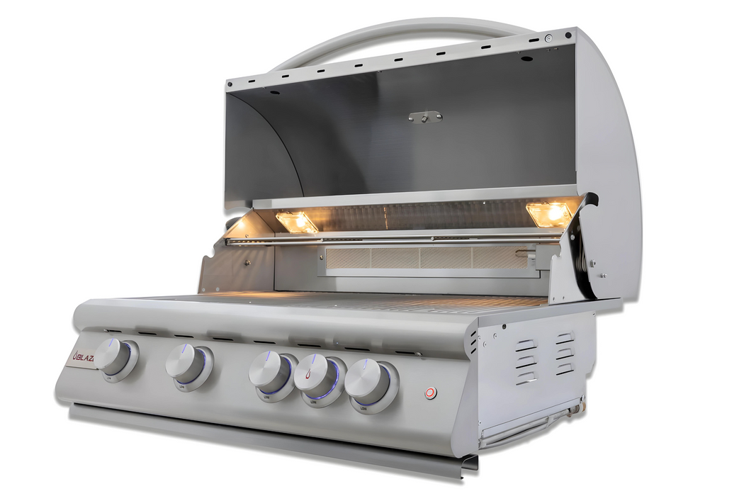 Stono Outdoor Living The Blaze Premium LTE+ Marine Grade 32" 4-Burner Propane Grill (BLZ-4LTE3MG-LP) by Blaze features four control knobs, a rear infrared burner, grill lights, stainless steel construction, and appears new against a white background.