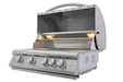 Stono Outdoor Living The Blaze Premium LTE+ Marine Grade 32" 4-Burner Propane Grill (BLZ-4LTE3MG-LP) by Blaze features four control knobs, a rear infrared burner, grill lights, stainless steel construction, and appears new against a white background.