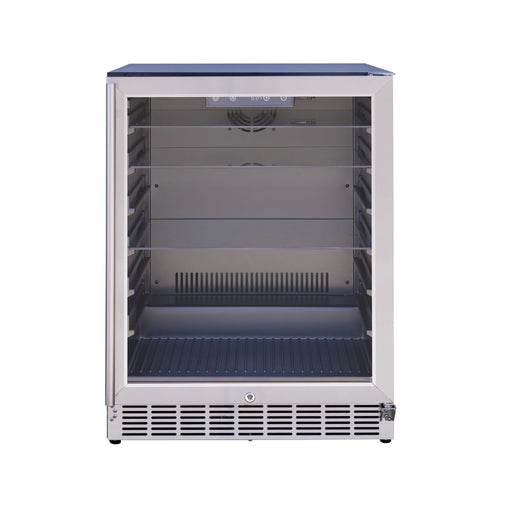 Stono Outdoor Living The TrueFlame 24" 5.1 Cu. Ft. Outdoor Rated Refrigerator (AMD-RFR-24G) by TrueFlame is shown empty with a glass door, adjustable wire shelves, and a bottom vent—ideal for storing beverages or snacks outdoors.