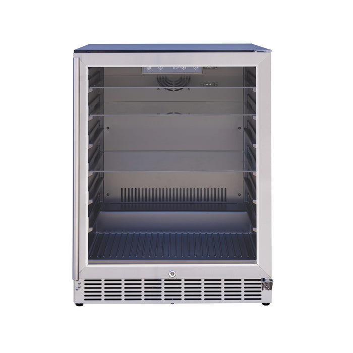 Stono Outdoor Living The TrueFlame 24" 5.1 Cu. Ft. Outdoor Rated Refrigerator (AMD-RFR-24G) by TrueFlame is shown empty with a glass door, adjustable wire shelves, and a bottom vent—ideal for storing beverages or snacks outdoors.