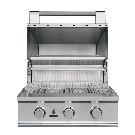 Stono Outdoor Living The TrueFlame E Series 25" Stainless Steel 3-Burner Built-In Natural Gas Grill (TFE25) by TrueFlame, featuring three control knobs, an open hood, and two grilling grates, is displayed against a white background.