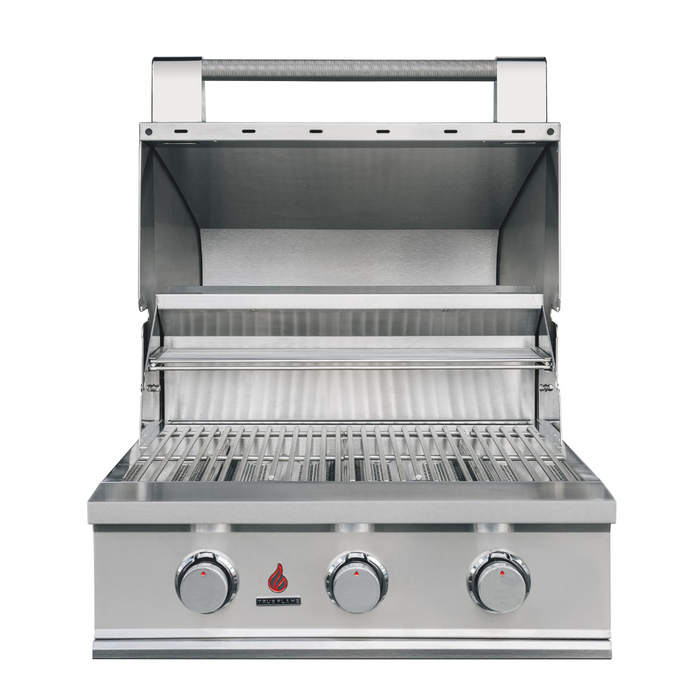 Stono Outdoor Living The TrueFlame E Series 25" Stainless Steel 3-Burner Built-In Grill (TFE25L) features three control knobs, an open lid, commercial-grade stainless steel grates, and an interior warming rack.