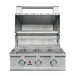 Stono Outdoor Living The TrueFlame E Series 25" Stainless Steel 3-Burner Built-In Grill (TFE25L) features three control knobs, an open lid, commercial-grade stainless steel grates, and an interior warming rack.