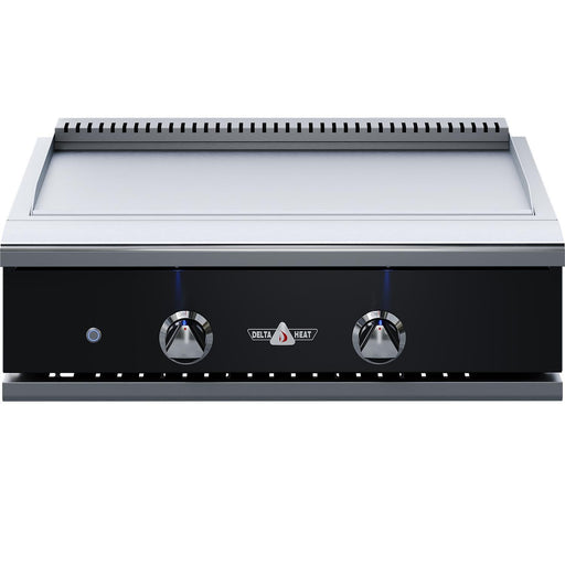 Stono Outdoor Living The Delta Heat 32-Inch Built-In Propane Teppanyaki Griddle (DHTG32-KL) features a stainless steel flat cooking surface, two knobs on a black control panel with blue indicator lights, and the Delta Heat logo—ideal for versatile outdoor cooking.