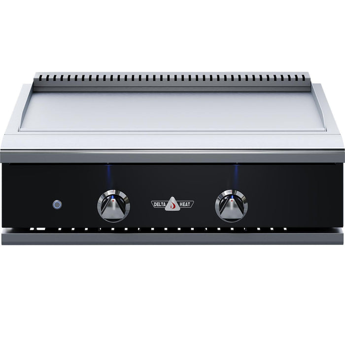 Stono Outdoor Living The Delta Heat 32-Inch Built-In Natural Gas Teppanyaki Griddle (DHTG32-KN) features a black control panel, two knobs, and the Delta Heat logo—perfect for outdoor Teppanyaki-style cooking.