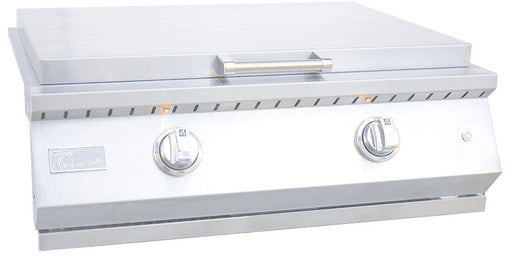Stono Outdoor Living The KoKoMo Grills Professional KoKoMo 30 Inch Outdoor Kitchen Teppanyaki Griddle (KO-GRDL30-PRO-NG) is a modern 304 stainless steel gas grill with dual burner griddle, two knobs, front handle, closed lid, and left-side logo—ideal for outdoor kitchens.