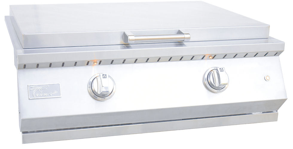 Stono Outdoor Living The KoKoMo Grills Professional KoKoMo 30 Inch Outdoor Kitchen Teppanyaki Griddle (KO-GRDL30-PRO-LP) boasts 304 stainless steel construction, a closed lid, two control knobs, front handle, and left-side brand logo—perfect for any outdoor kitchen.