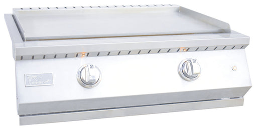 Stono Outdoor Living The KoKoMo Grills Professional KoKoMo 30 Inch Outdoor Kitchen Teppanyaki Griddle (KO-GRDL30-PRO-LP) features 304 stainless steel construction, dual U-shape burners, two control knobs, a flat cooking surface, and a front panel brand logo.
