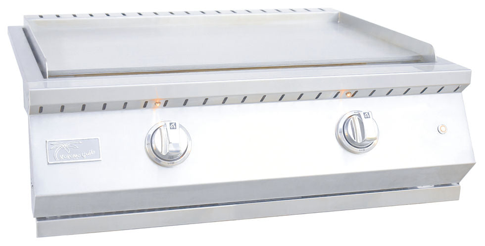 Stono Outdoor Living The KoKoMo Grills Professional KoKoMo 30 Inch Outdoor Kitchen Teppanyaki Griddle (KO-GRDL30-PRO-LP) features 304 stainless steel construction, dual U-shape burners, two control knobs, a flat cooking surface, and a front panel brand logo.