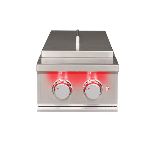 Stono Outdoor Living The TrueFlame Double Side Burner - TFSB2 features a stainless steel front, high BTU output, two red-lit control knobs, a closed lid, and an indicator light—ideal for any outdoor kitchen setup.