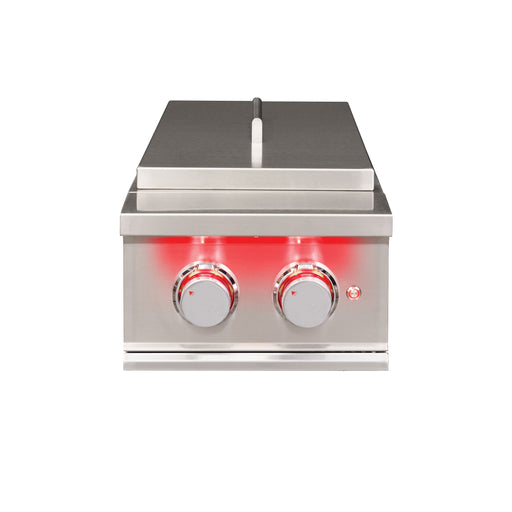 Stono Outdoor Living The TrueFlame Gas Double Side Burner - TFSB2L by TrueFlame features two control knobs with red lights, a closed lid, and an indicator light—ideal for any outdoor kitchen—displayed on a plain white background.