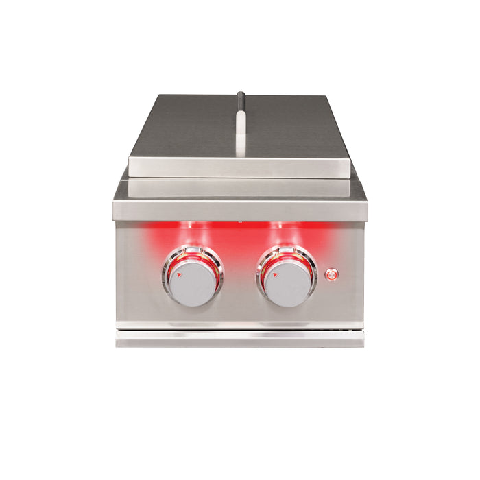 Stono Outdoor Living The TrueFlame Gas Double Side Burner - TFSB2L by TrueFlame features two control knobs with red lights, a closed lid, and an indicator light—ideal for any outdoor kitchen—displayed on a plain white background.
