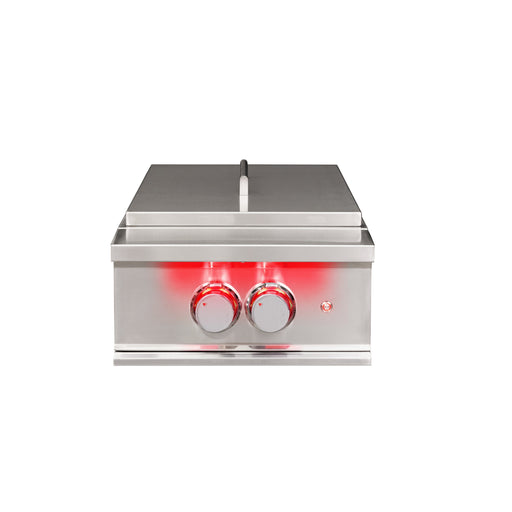 Stono Outdoor Living The TrueFlame Propane Gas Power Burner - TFPBL by TrueFlame is a stainless steel countertop appliance with high BTU side burners, two red-lit front control knobs, and a closed lid, shown from the front against a white background.