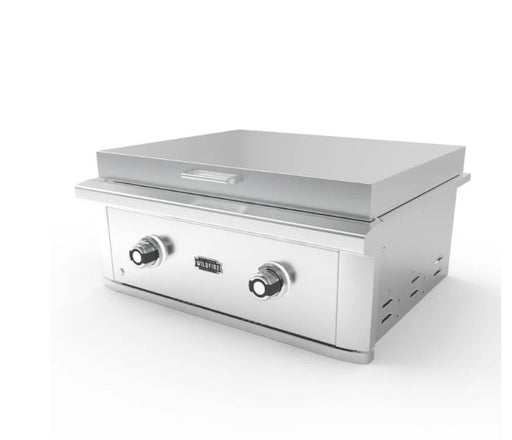 Stono Outdoor Living The Wildfire Outdoor Living Ranch Pro 30" Griddle 304 SS Natural Gas features two control knobs, a flat cooking surface, and vented sides, shown against a plain white background. Model: WFPRO30GRD-SS-NG.