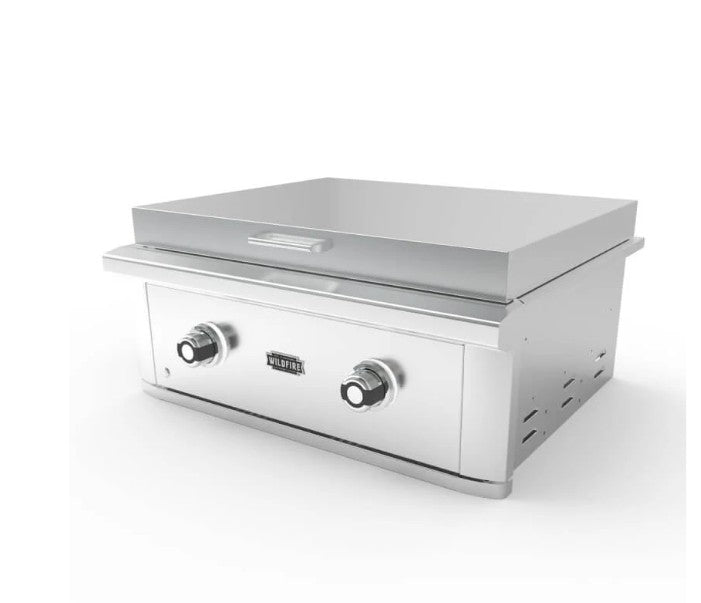 Stono Outdoor Living The Wildfire Outdoor Living Ranch Pro 30" Griddle 304 SS Natural Gas features two control knobs, a flat cooking surface, and vented sides, shown against a plain white background. Model: WFPRO30GRD-SS-NG.