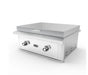 Stono Outdoor Living The Wildfire Outdoor Living Ranch Pro 30" Griddle 304 SS Natural Gas features two control knobs, a flat cooking surface, and vented sides, shown against a plain white background. Model: WFPRO30GRD-SS-NG.