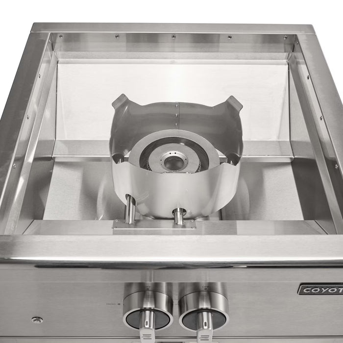 Stono Outdoor Living The Coyote 24" Power Burner in Natural Gas (C3PBNG) features dual front control knobs, a protective wind guard, and is designed for wok cooking—making it an ideal addition to your outdoor kitchen.
