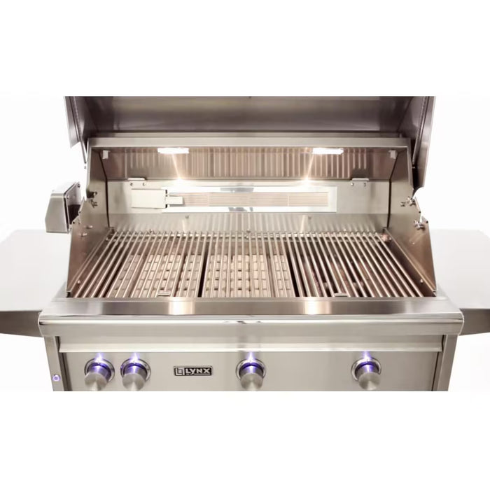 Stono Outdoor Living The Lynx 30" Built-In Grill w/ Rotisserie in Pacific Blue (L30R-3-PBNG) features stainless steel construction, ceramic burners, clean grill grates, blue LED control knobs, and interior lights for a brightly lit cooking area.