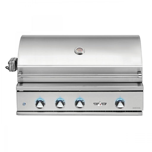 Stono Outdoor Living The Delta Heat 38-Inch 3-Burner Built-In Propane Gas Grill (DHBQ38R-DL) features stainless steel construction, blue LED control knob lights, a built-in lid temperature gauge, and an infrared rotisserie burner for versatile outdoor cooking.