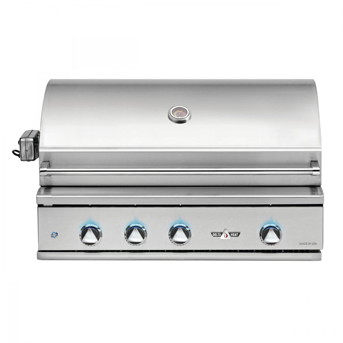 Stono Outdoor Living The Delta Heat 38-Inch 3-Burner Built-In Propane Gas Grill (DHBQ38R-DL) features stainless steel construction, blue LED control knob lights, a built-in lid temperature gauge, and an infrared rotisserie burner for versatile outdoor cooking.