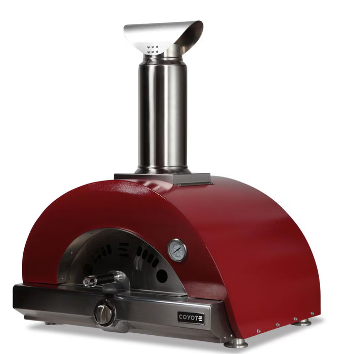 Stono Outdoor Living The Coyote 30" Hybrid Multi-Fuel Outdoor Oven in Red (C1PZ30HRLP) features a stainless steel build, chimney, temperature gauge, front Coyote logo, and a modern curved design for delicious wood-fired flavor in your outdoor kitchen.