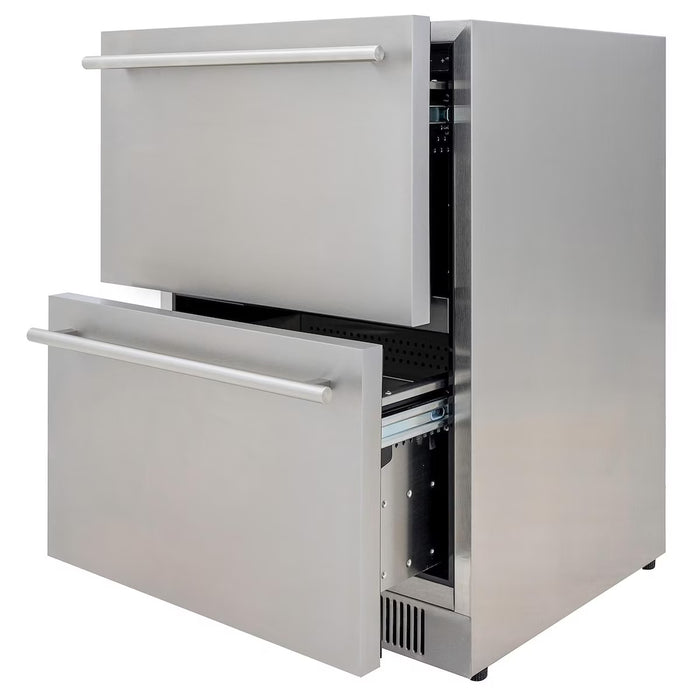 Stono Outdoor Living The Blaze 23.5-Inch 5.1 Cu. Ft. Outdoor Rated Stainless Steel Double Drawer Refrigerator (BLZ-SSRF-DBDR5.1) features two spacious pull-out drawers, offering ample storage for your outdoor kitchen needs and durable 304 stainless steel construction.